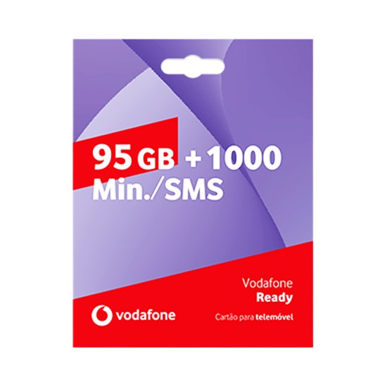 Cartão SIM Vodafone Ready de 95GB+1000 minutos de chamadas/SMS por Um Mês