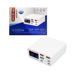 Fast Charger With 3USB+3TYpe-C 65W QC 3.0 with LCD Digital Display White Fast Charger With 3USB+3TYpe-C 65W QC 3.0 with LCD Digital Display White