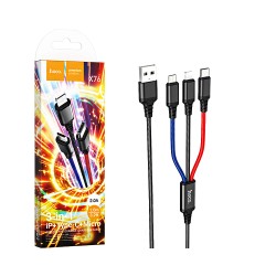 Hoco 3 in 1 Charging Cable X76 USB-A to (Lightning+Type-C+Micro) 2A 1m Black/Red/Blue Hoco 3 in 1 Charging Cable X76 USB-A to (Lightning+Type-C+Micro) 2A 1m Black/Red/Blue