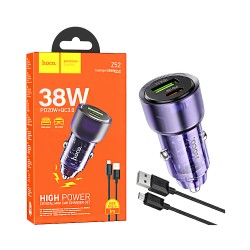 Hoco Car Charger Z52 Spacious 2 Port USB+Type-C 38W with MIcro Cable 1M Transparent Purple Hoco Car Charger Z52 Spacious 2 Port USB+Type-C 38W with MIcro Cable 1M Transparent Purple