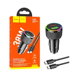 Hoco Car Charger NZ14A Guerrero Dual Port USB+Type-C 38W with Type-C to Type-C Cable 1M Black Hoco Car Charger NZ14A Guerrero Dual Port USB+Type-C 38W with Type-C to Type-C Cable 1M Black