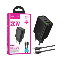 Carregador Hoco N61 Gentle 2 Puertos USB+Tipo-C PD20W GAN com Cabo Tipo C a Tipo C 1m Negro Carregador Hoco N61 Gentle 2 Puertos USB+Tipo-C PD20W GAN com Cabo Tipo C a Tipo C 1m Negro