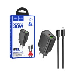 Cargador Hoco N63 Gentle 2 Puertos USB-A+Tipo-C PD30W GAN con cable Tipo-C a Lightning 1m Negro Cargador Hoco N63 Gentle 2 Puertos USB-A+Tipo-C PD30W GAN con cable Tipo-C a Lightning 1m Negro