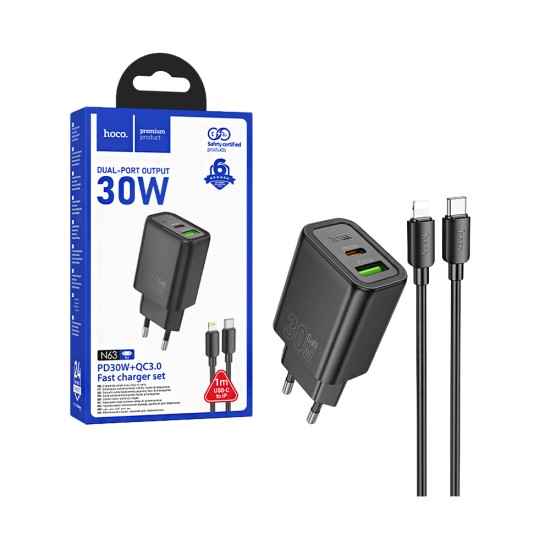 Carregador Hoco N63 Gentle 2 Portas USB-A+Tipo-C PD30W GAN com Cabo Tipo-C para Lightning 1m Negro