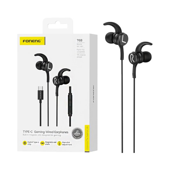 Auscultadores jogos Foneng T68 In-Ear Heavy Bass com Microfone Tipo-C 1,2m Preto Auscultadores jogos Foneng T68 In-Ear Heavy Bass com Microfone Tipo-C 1,2m Preto