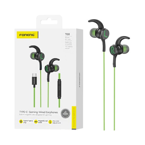 Auscultadores jogos Foneng T68 In-Ear Heavy Bass com Microfone Tipo-C 1,2m Verde Auscultadores jogos Foneng T68 In-Ear Heavy Bass com Microfone Tipo-C 1,2m Verde
