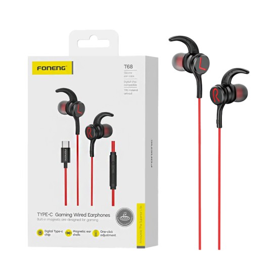 Auscultadores jogos Foneng T68 In-Ear Heavy Bass com Microfone Tipo-C 1,2m Vermelho Auscultadores jogos Foneng T68 In-Ear Heavy Bass com Microfone Tipo-C 1,2m Vermelho