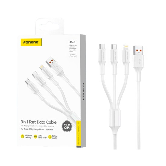 Foneng 3 in 1 Charging Cable XS01 (Lightning+Type-C+Micro) 3A 1.2M White Foneng 3 in 1 Charging Cable XS01 (Lightning+Type-C+Micro) 3A 1.2M White
