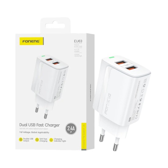 Adaptador Foneng EU63 2 Portas USB-A 2,4A Branco Adaptador Foneng EU63 2 Portas USB-A 2,4A Branco