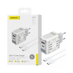 Cargador Foneng GaN20 2 Puertos USB-A+Tipo-C 45W GAN con cable Tipo-C a Tipo-C 1m Blanco Cargador Foneng GaN20 2 Puertos USB-A+Tipo-C 45W GAN con cable Tipo-C a Tipo-C 1m Blanco