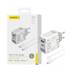 Cargador Foneng GaN30 2 Puertos USB-A+Tipo-C 65W GAN con cable Tipo-C a Tipo-C 1m Blanco Cargador Foneng GaN30 2 Puertos USB-A+Tipo-C 65W GAN con cable Tipo-C a Tipo-C 1m Blanco