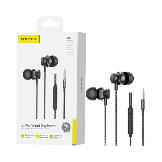 Auscultadores Foneng T67 In-Ear Heavy Bass com Microfone 3,5mm 1,2m Preto Auscultadores Foneng T67 In-Ear Heavy Bass com Microfone 3,5mm 1,2m Preto