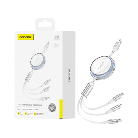 Foneng 3 in 1 Retractable Charging Cable X113 (Lightning+Type-C+Micro) 1.1M White