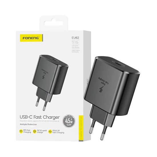 Adaptador Foneng EU62 Tipo-C PD 45W GAN Preto Adaptador Foneng EU62 Tipo-C PD 45W GAN Preto