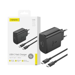 Adaptador Foneng EU62 Tipo-C PD 45W GAN con cable Tipo-C a Tipo-C 1m Negro Adaptador Foneng EU62 Tipo-C PD 45W GAN con cable Tipo-C a Tipo-C 1m Negro