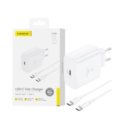 Adaptador Foneng EU62 Tipo-C PD 45W GAN con cable Tipo-C a Tipo-C 1m Blanco Adaptador Foneng EU62 Tipo-C PD 45W GAN con cable Tipo-C a Tipo-C 1m Blanco