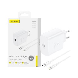 Adaptador Foneng EU62 Tipo-C PD 45W GAN con cable Tipo-C a Lightning 1m Blanco Adaptador Foneng EU62 Tipo-C PD 45W GAN con cable Tipo-C a Lightning 1m Blanco