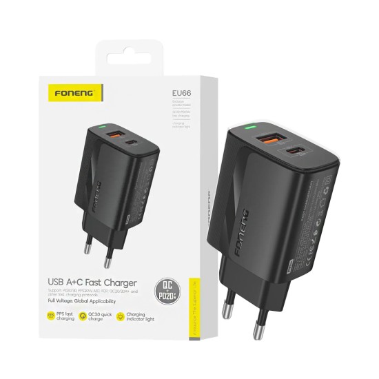 Adaptador Foneng EU66 2 Portas USB-A+Tipo-C PD 20W Preto Adaptador Foneng EU66 2 Portas USB-A+Tipo-C PD 20W Preto