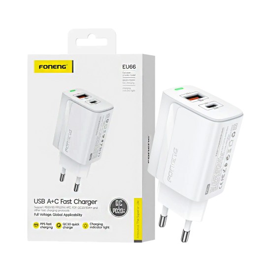 Adaptador Foneng EU66 2 Portas USB-A+Tipo-C PD 20W Branco Adaptador Foneng EU66 2 Portas USB-A+Tipo-C PD 20W Branco