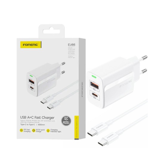 Carregador Foneng EU66 2 Portas USB-A+Tipo-C PD 20W com Cabo Tipo-C para Tipo-C 1m Branco Carregador Foneng EU66 2 Portas USB-A+Tipo-C PD 20W com Cabo Tipo-C para Tipo-C 1m Branco