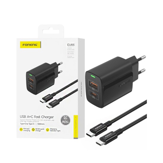 Carregador Foneng EU66 2 Portas USB-A+Tipo-C PD 20W com Cabo Tipo-C para Tipo-C 1m Preto Carregador Foneng EU66 2 Portas USB-A+Tipo-C PD 20W com Cabo Tipo-C para Tipo-C 1m Preto