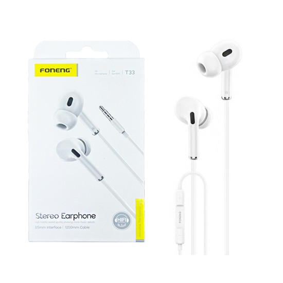 Auscultadores Foneng T33 3D com Microfone 3,5mm 1,2m Branco Auscultadores Foneng T33 3D com Microfone 3,5mm 1,2m Branco
