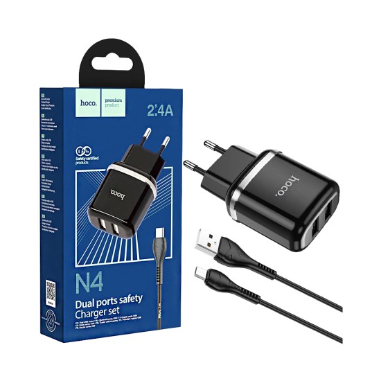Hoco Charger N4 Aspiring 2 Ports USB-A 2.4A with Micro Cable 1M Black Hoco Charger N4 Aspiring 2 Ports USB-A 2.4A with Micro Cable 1M Black