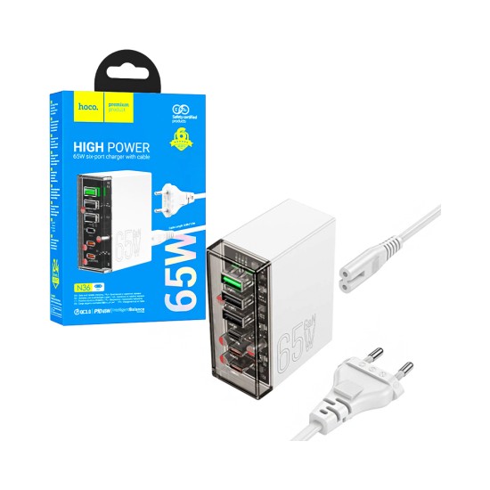 Hoco Charger N36 Fuerza 6 Ports 3 USB+3 Type-C PD65W GAN White Hoco Charger N36 Fuerza 6 Ports 3 USB+3 Type-C PD65W GAN White