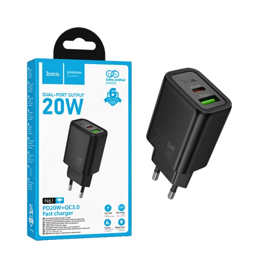 Adaptador Hoco N61 Gentle 2 Portas USB+Tipo-C PD20W GAN Preto Adaptador Hoco N61 Gentle 2 Portas USB+Tipo-C PD20W GAN Preto
