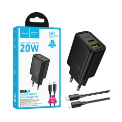 Carregador Hoco N61 Gentle 2 Puertos USB+Tipo-C PD20W GAN com Cabo Tipo C a Lightning 1m Negro Carregador Hoco N61 Gentle 2 Puertos USB+Tipo-C PD20W GAN com Cabo Tipo C a Lightning 1m Negro