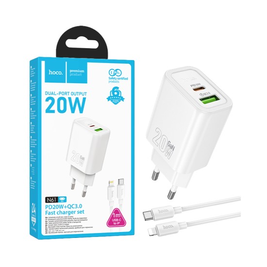 Carregador Hoco N61 Gentle 2 Portas USB+Tipo-C PD20W GAN com Cabo Tipo-C para Lightning 1m Branco Carregador Hoco N61 Gentle 2 Portas USB+Tipo-C PD20W GAN com Cabo Tipo-C para Lightning 1m Branco