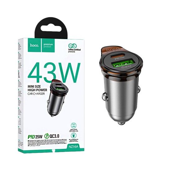 Hoco Car Charger NZ16A Rigorous 2 Port USB+Tipo-C PD43W Metal Gray
