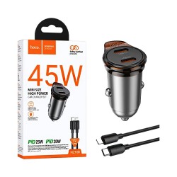 Hoco Car Charger NZ16B Rigorous 2 Port Type-C PD45W with Type-C to Lightning Cable 1m Metal Grey Hoco Car Charger NZ16B Rigorous 2 Port Type-C PD45W with Type-C to Lightning Cable 1m Metal Grey