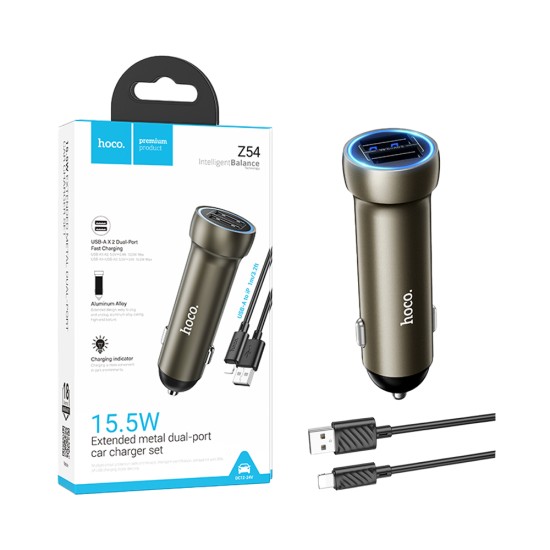Hoco Car Charger Z54 Prosperous 2 Port USB 15.5W with Lightning Cable 1m Gold