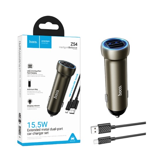 Hoco Car Charger Z54 Prosperous 2 Port USB 15.5W with Micro Cable 1m Gold