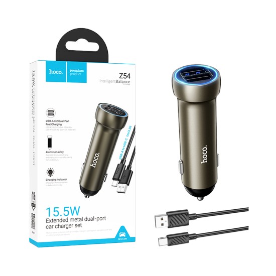 Hoco Car Charger Z54 Prosperous 2 Port USB 15.5W with Type-C Cable 1m Gold