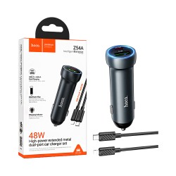 Hoco Car Charger Z54A Prosperous 2 Port USB+Tipo-C PD48W with Type-C to Lightning Cable 1m Metal Gray Hoco Car Charger Z54A Prosperous 2 Port USB+Tipo-C PD48W with Type-C to Lightning Cable 1m Metal Gray