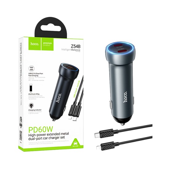 Hoco Car Charger Z54B Prosperous 2 Port Type-C PD60W with Type-C to Lightning Cable 1m Metal Grey