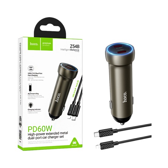 Hoco Car Charger Z54B Prosperous 2 Port Type-C PD60W with Type-C to Lightning Cable 1m Gold