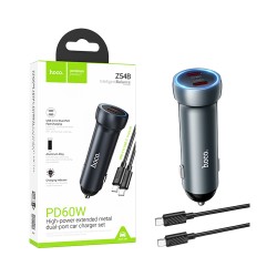Hoco Car Charger Z54B Prosperous 2 Port Type-C PD60W with Type-C to Type-C Cable 1m Metal Gray Hoco Car Charger Z54B Prosperous 2 Port Type-C PD60W with Type-C to Type-C Cable 1m Metal Gray