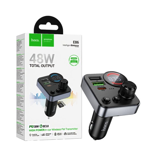Hoco Wireless FM Transmitter E86 Alegria With Dual USB+Type-C PD30W+QC3.0 USB Black