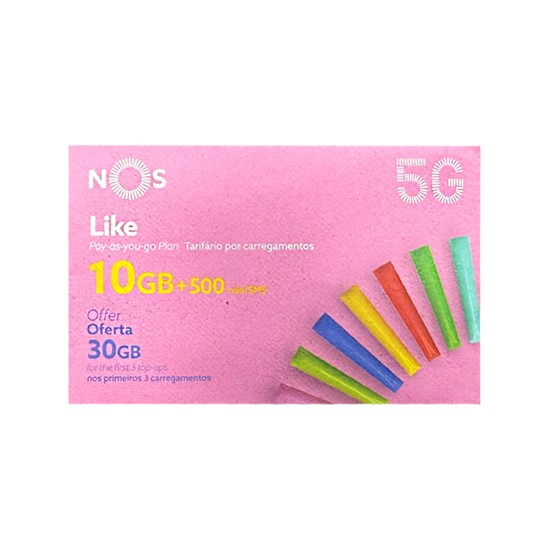 Cartão SIM Pré-pago NOS Like 40GB para Apps de Internet, Chamadas e SMS durante 1 Mês Cartão SIM Pré-pago NOS Like 40GB para Apps de Internet, Chamadas e SMS durante 1 Mês